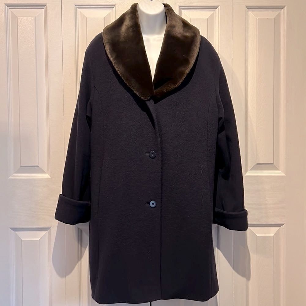 Steilmann Navy Wool Blend Coat With Brown Faux Fur Collar Size 10